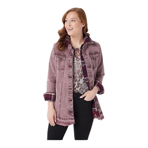 LOGO by Lori Goldstein Button Front Denim Jacket Released Hem Vintage Purple - Picture 1 of 16
